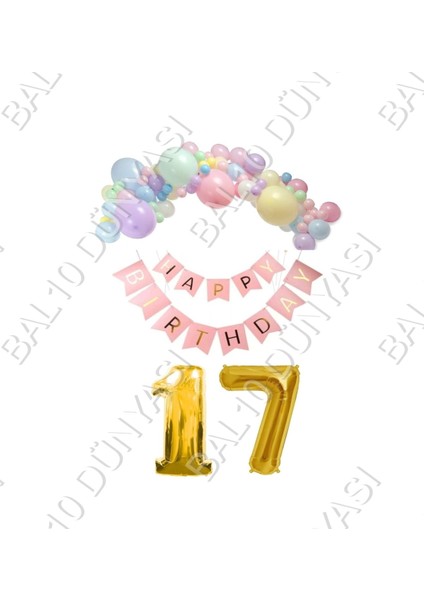 Happy Bırthday Yazılı Banner Makaron Balon Seti 17 Yaş Gold Set Doğum Günü