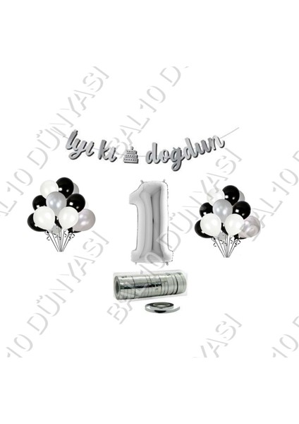 Rafya Ipli 1 Yaş Gümüş Folyo Balon Iyiki Doğdun Yazılı Banner Balon Set Doğum Günü