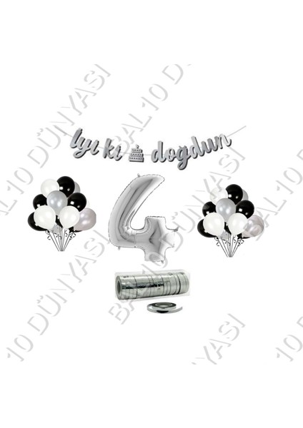Rafya Ipli 4 Yaş Gümüş Folyo Balon Iyiki Doğdun Yazılı Banner Balon Set Doğum Günü