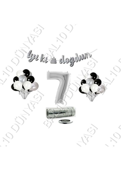 Rafya Ipli 7 Yaş Gümüş Folyo Balon Iyiki Doğdun Yazılı Banner Balon Set Doğum Günü