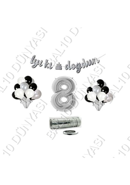 Rafya Ipli 8 Yaş Gümüş Folyo Balon Iyiki Doğdun Yazılı Banner Balon Set Doğum Günü