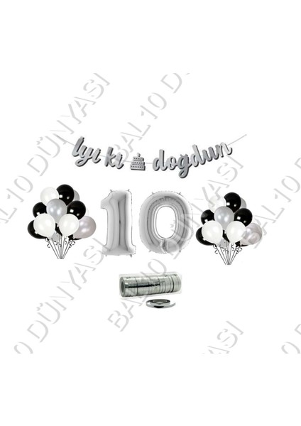 Rafya Ipli 10 Yaş Gümüş Folyo Balon Iyiki Doğdun Yazılı Banner Balon Set Doğum Günü