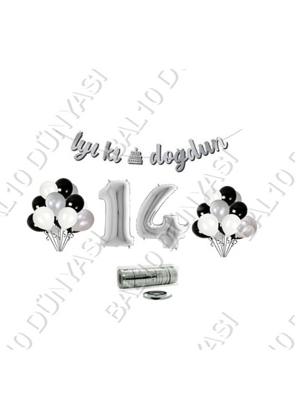 Rafya Ipli 14 Yaş Gümüş Folyo Balon Iyiki Doğdun Yazılı Banner Balon Set Doğum Günü