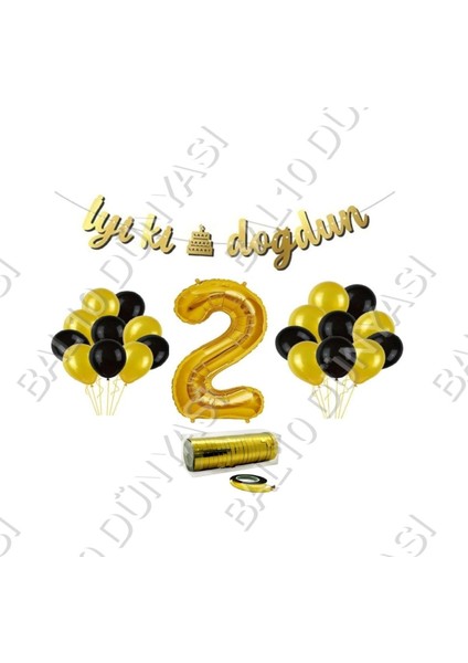 Rafya Ipli 2 Yaş Gold Folyo Balon Iyiki Doğdun Yazılı Banner Balon Set Doğum Günü
