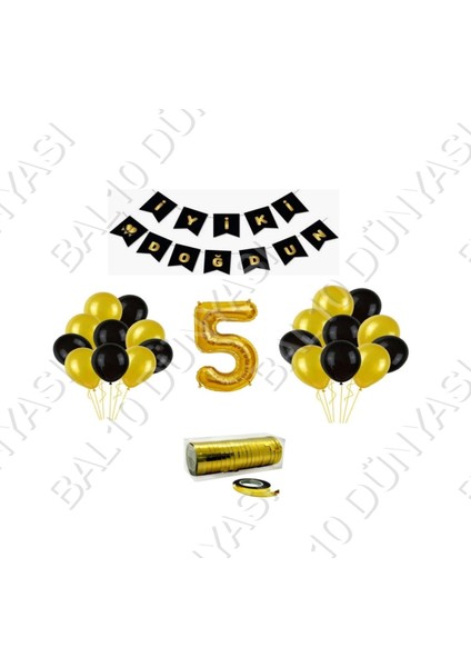 Rafya Ipli 5 Yaş Gold Folyo Balon Set Doğum Günü