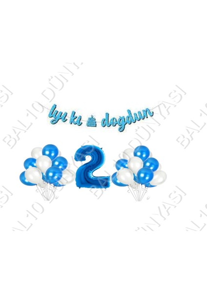 Iyiki Doğdun Yazılı Banner 2 Yaş Mavi Balon Seti Doğum Günü