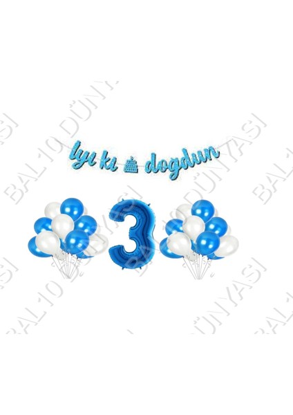 Iyiki Doğdun Yazılı Banner 3 Yaş Mavi Balon Seti Doğum Günü