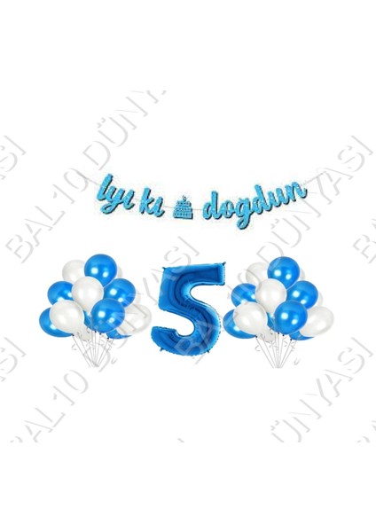 Iyiki Doğdun Yazılı Banner 5 Yaş Mavi Balon Seti Doğum Günü