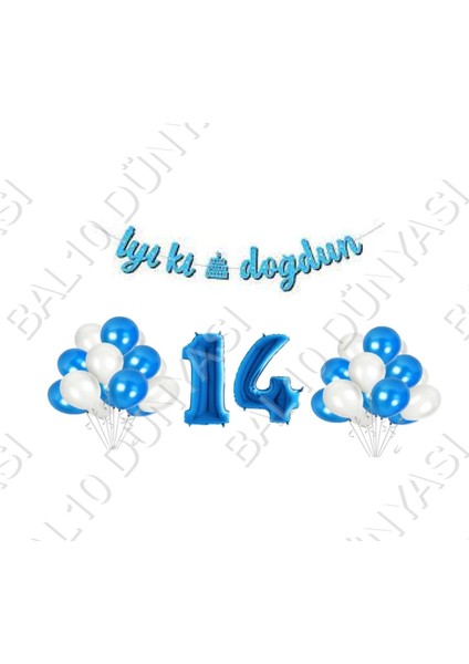 Iyiki Doğdun Yazılı Banner 14 Yaş Mavi Balon Seti Doğum Günü