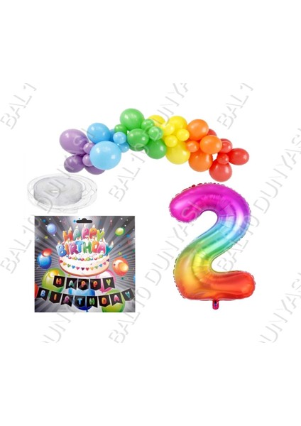Iyiki Doğdun Yazılı Banner 2 Yaş Gökkuşağı Temalı Balon Seti Doğum Günü