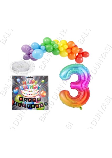 Iyiki Doğdun Yazılı Banner 3 Yaş Gökkuşağı Temalı Balon Seti Doğum Günü