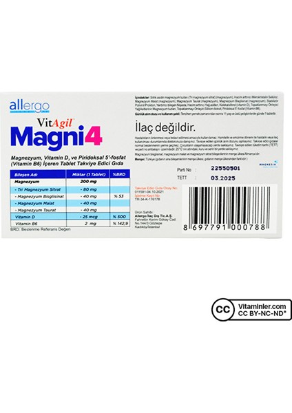 Vitagil Magni4 Magnezyum Vitamin D3 P5P 30 Tablet