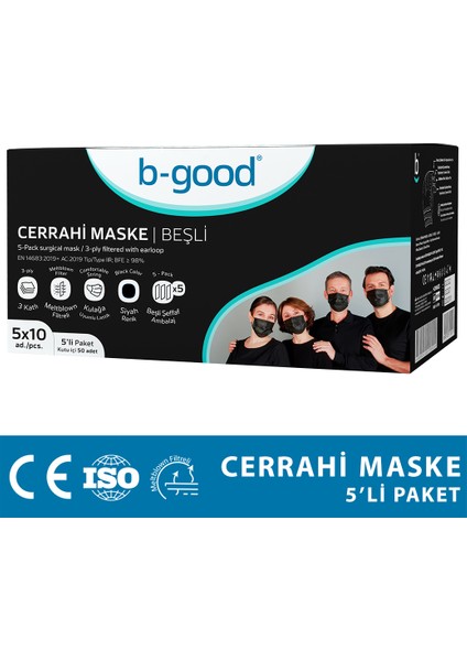 B-Good Siyah Cerrahi Maske 3 Katlı Telli 5li Paketli 50 Adet