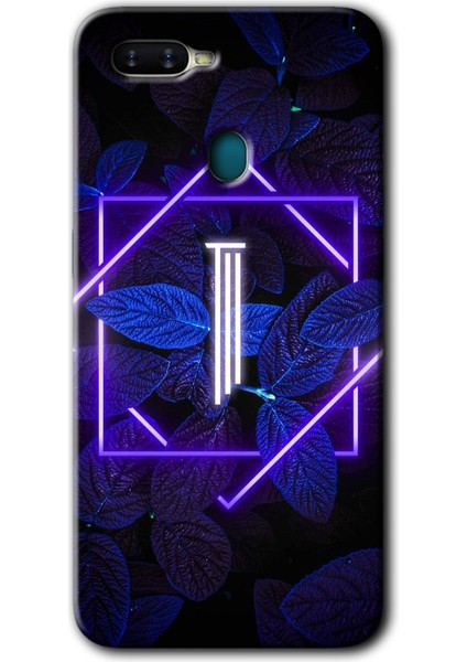 Oppo A5S Kılıf Hd Desen Baskılı Arka Kapak - Dark Neon Yaprak I Harfi