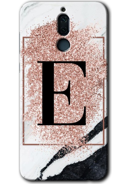Huawei Mate 10 Lite Kılıf Hd Desen Baskılı Arka Kapak + Temperli Cam - Pembe Mermer Desenli E Harfi