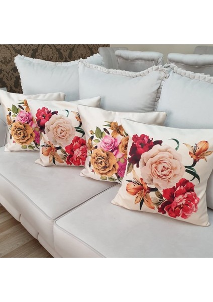 Çiçekli Desen Kırlent Kılıfı 4'lü Kombin Set