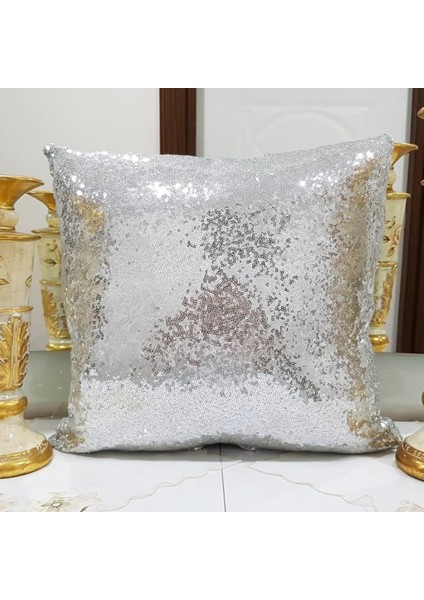 Pul Payetli Kırlent Kılıfı Gümüş