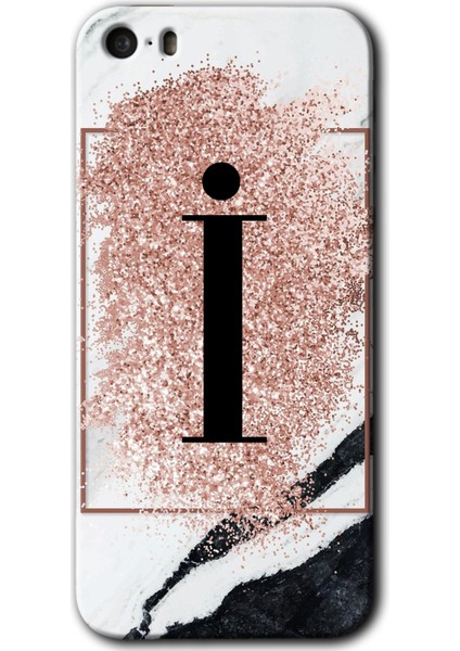 Apple iPhone 5s Kılıf Hd Desen Baskılı Arka Kapak - Pembe Mermer Desenli I Harfi