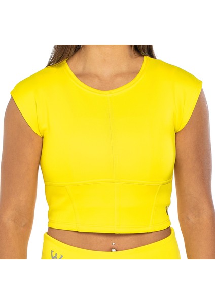 Kadın Spor Fit Rahat Tişört Esnek Crop Top - Sunlight Sarı