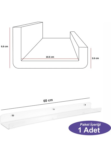 1'li Şeffaf Pleksi Kitaplık ve Dekoratif Raf 60 cm