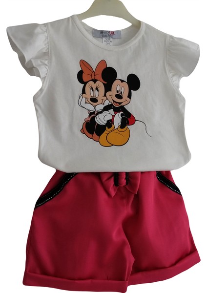 Kız Çocuk Şort Tshirt Ikili Takım Fuşya Pembe Şort Beyaz Fırfırlı Kısa Kollu Çiçek Baskılı Tshirt