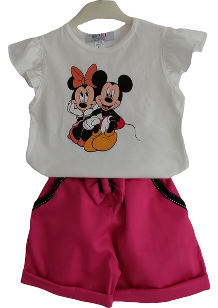 Kız Çocuk Şort Tshirt Ikili Takım Fuşya Pembe Şort Beyaz Fırfırlı Kısa Kollu Çiçek Baskılı Tshirt fırsatları