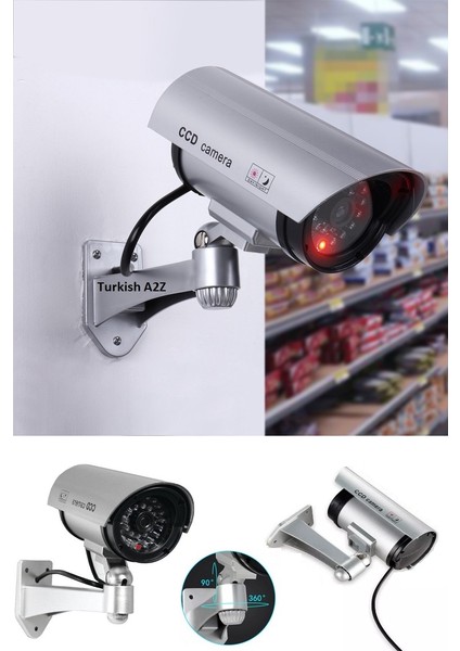 2 Adet - Sahte Caydırıcı Güvenlik Kamerası - Gece Görüş Görünümlü LED Işıklı Pilli