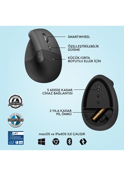 Lift Sessiz Kablosuz Ergonomik Dikey Mouse - Siyah