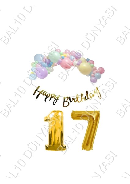 Happy Bırthday Yazılı Kaligrafi Banner Makaron Balon Seti 17 Yaş Gold Set Doğum Günü