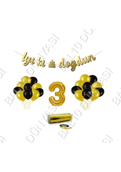 Rafya Ipli 3 Yaş Gold Folyo Balon Iyiki Doğdun Yazılı Banner Balon Set Doğum Günü