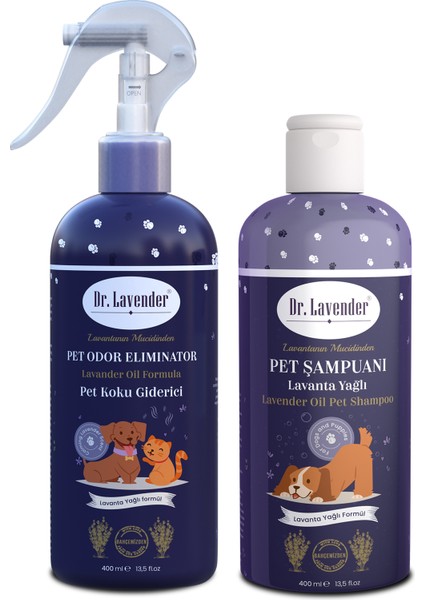 %100 Lavanta Yağlı Bitkisel 400ML Kedi Köpek Koku Giderici Sprey +400ML Kedi Köpek Şampuanı 2'li Set
