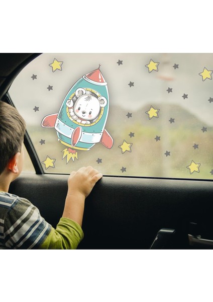 Uzay Mekiğinde Sevimli Ayıcık Araba Camı Sticker-Çocuklar Için Yolculuk Stickerı