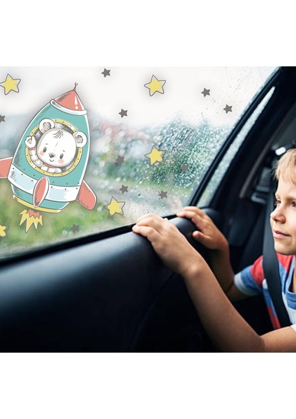 Uzay Mekiğinde Sevimli Ayıcık Araba Camı Sticker-Çocuklar Için Yolculuk Stickerı modelleri