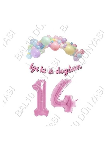 Iyiki Doğdun Yazılı Kaligrafi Banner Makaron Balon Seti 14 Yaş Pembe Set Doğum Günü