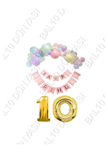 Happy Bırthday Yazılı Banner Makaron Balon Seti 10 Yaş Gold Set Doğum Günü