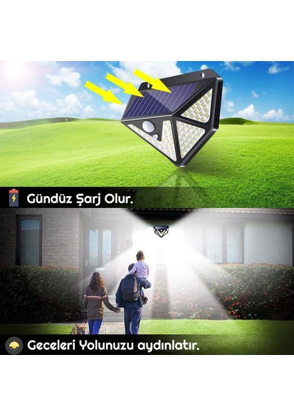 166 LED 3 Mode Pır Hareket Sensörlü 5 Taraflı Işık Solar Lamba