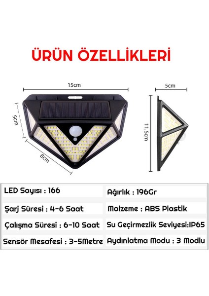 166 LED 3 Mode Pır Hareket Sensörlü 5 Taraflı Işık Solar Lamba