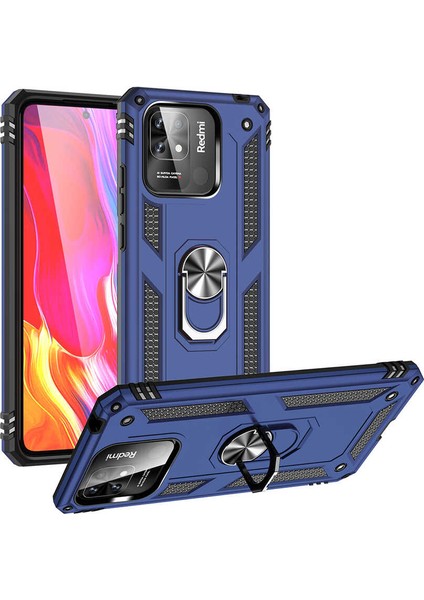 Case World Xiaomi Redmi 10C Kapak Military Yüzüklü Stantlı Panzer Tank Kılıf - Lacivert