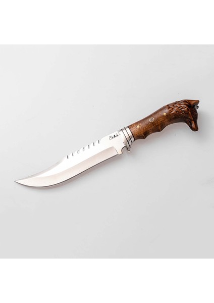 El Yapımı Doğa Spor Outdoor Bushcraft 33 cm Kurt Başlı Tırtıklı Kamp Mutfak Bıçağı Deri Kılıflı