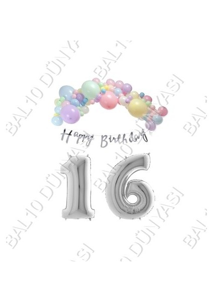 Happy Bırthday Yazılı Kaligrafi Banner Makaron Balon Seti 16 Yaş Gümüş Set Doğum Günü