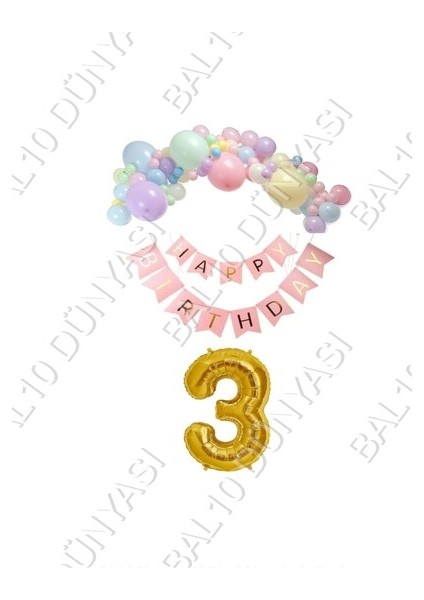 Happy Bırthday Yazılı Banner Makaron Balon Seti 3 Yaş Gold Set Doğum Günü