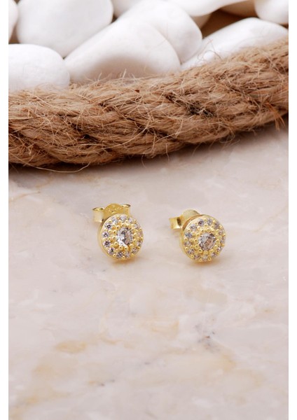 Elmas Montürlü 7 mm Altın Yaldızlı Gümüş Küpe 5798