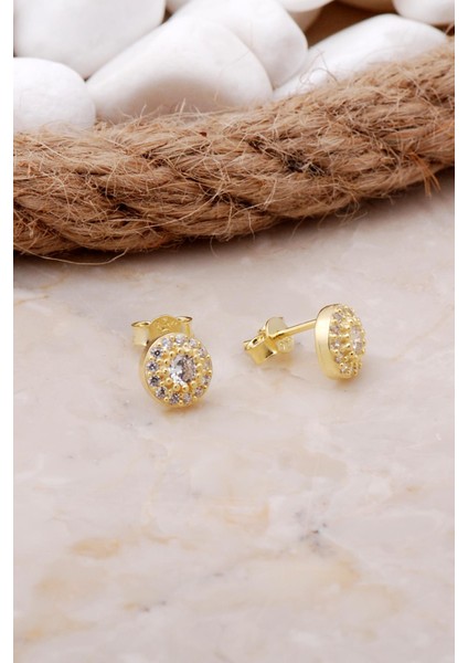 Elmas Montürlü 7 mm Altın Yaldızlı Gümüş Küpe 5798 fiyatları