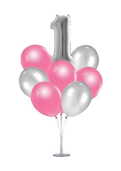 7'li Şeffaf Ayaklı Balon Standı - Gümüş 1 Yaş Folyo Balon -6 Adet Metalik Balon -Dogum Günü