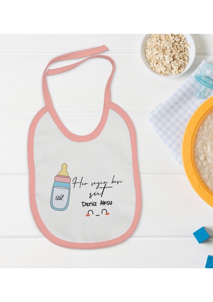 Kids Kişiye Özel Pembe Bebek Mama Önlüğü - Model 102