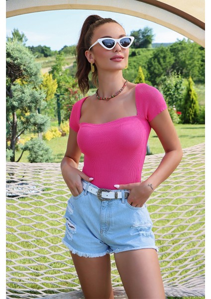 U Yaka Kısa Kol Fuşya