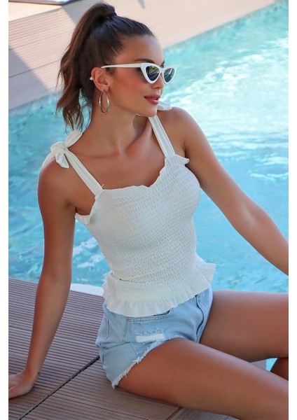 Omuz Bağlamalı Gipeli Kolsuz Beyaz