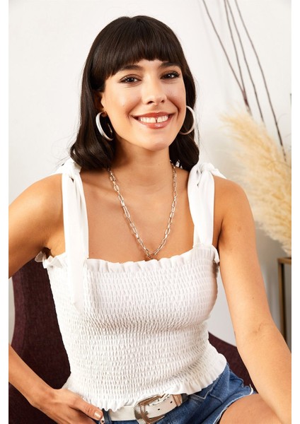Kadın Beyaz Askılı Crop Bluz