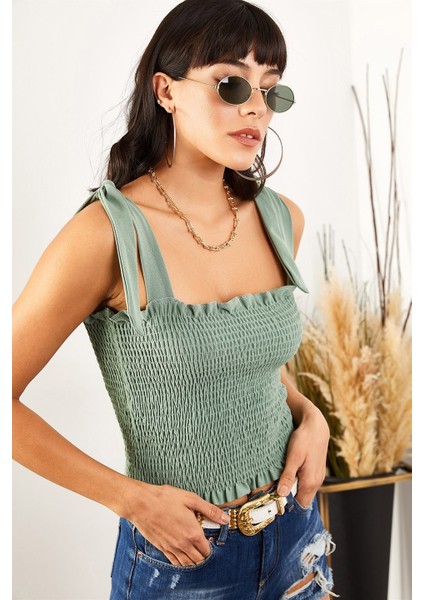 Kadın Yeşil Askılı Crop Bluz