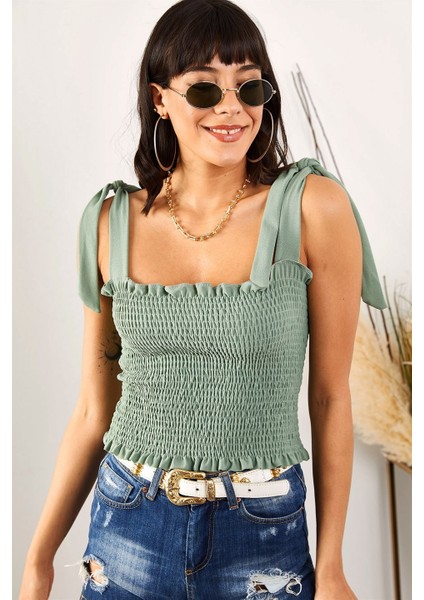 Kadın Yeşil Askılı Crop Bluz fiyatları
